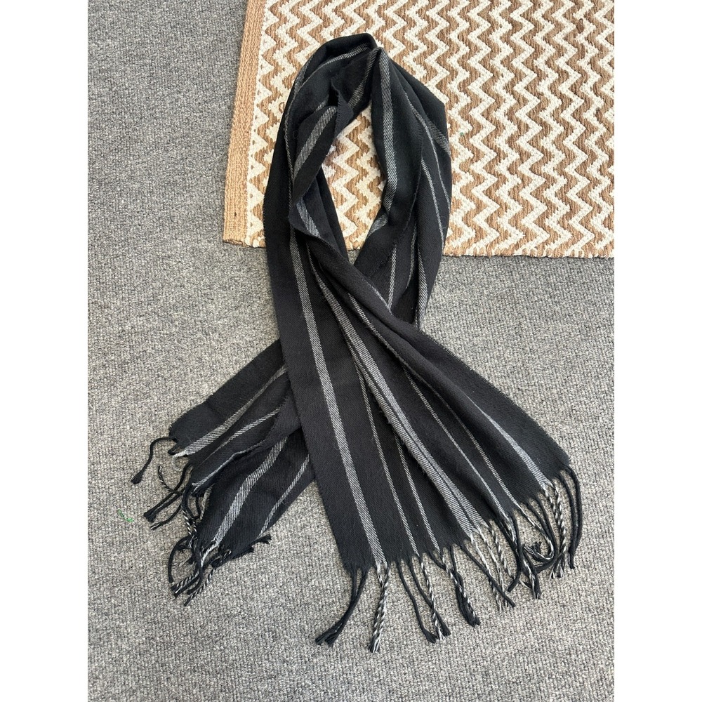 Geoffrey Beene Cashme Made In Italy Black Gray Striped Fringe Soft Scarf
